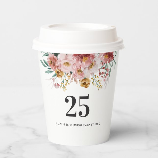 Girly watercolor floral editable age birthday paper cups (Front)
