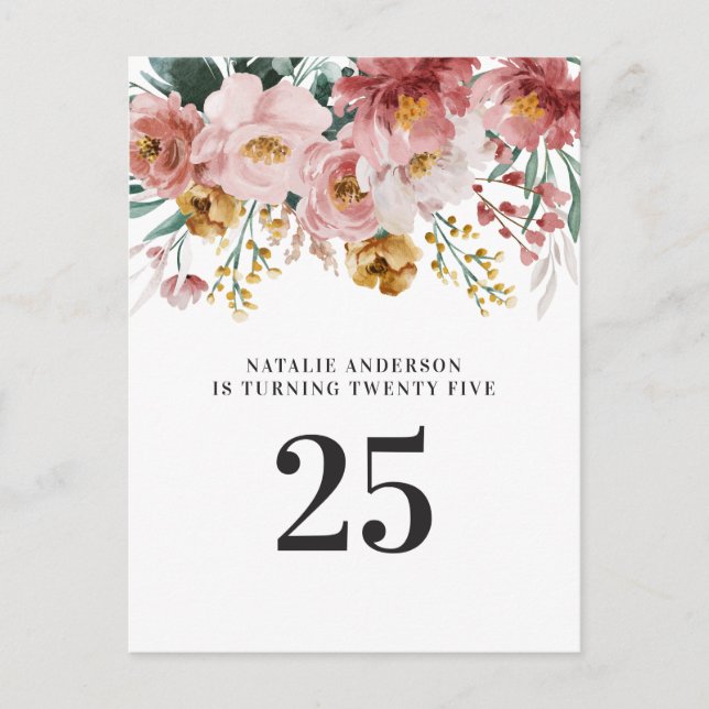 Girly watercolor floral editable age birthday postcard (Front)