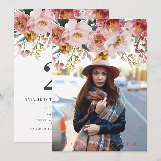 Girly watercolor floral editable age photo (Front/Back)