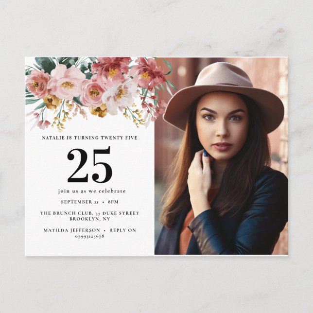 Girly watercolor floral editable age photo postcard (Front)