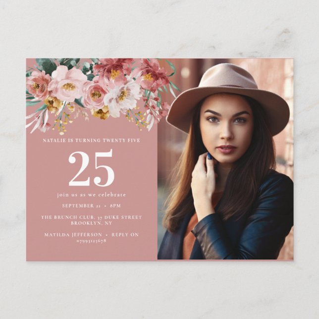 Girly watercolor floral editable age photo postcard (Front)