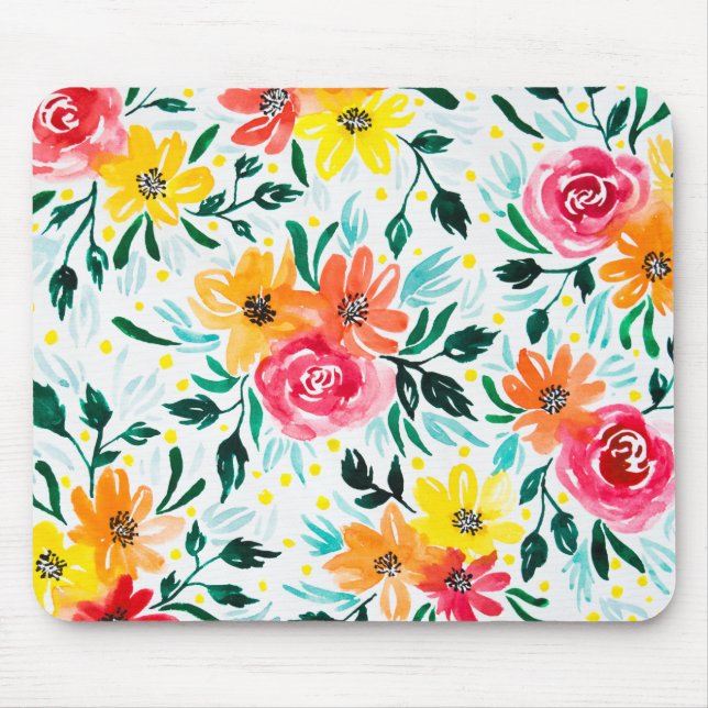 Girly Watercolor Floral Illustration Design Mouse Mat (Front)