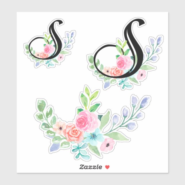 Girly Watercolor Floral Letter S (Sheet)