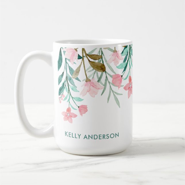 Girly Watercolor Floral Pattern Monogrammed Coffee Mug (Left)