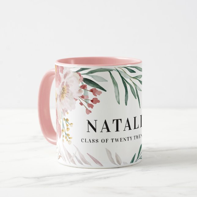 Girly watercolor floral pink chic graduation mug (Front Left)