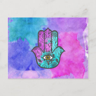 Girly Watercolor Floral Print Hamsa Hand of Fatima Postcard