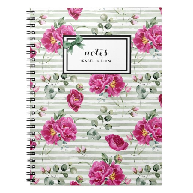 Girly Watercolor Greenery White Flowers Pattern Notebook (Front)