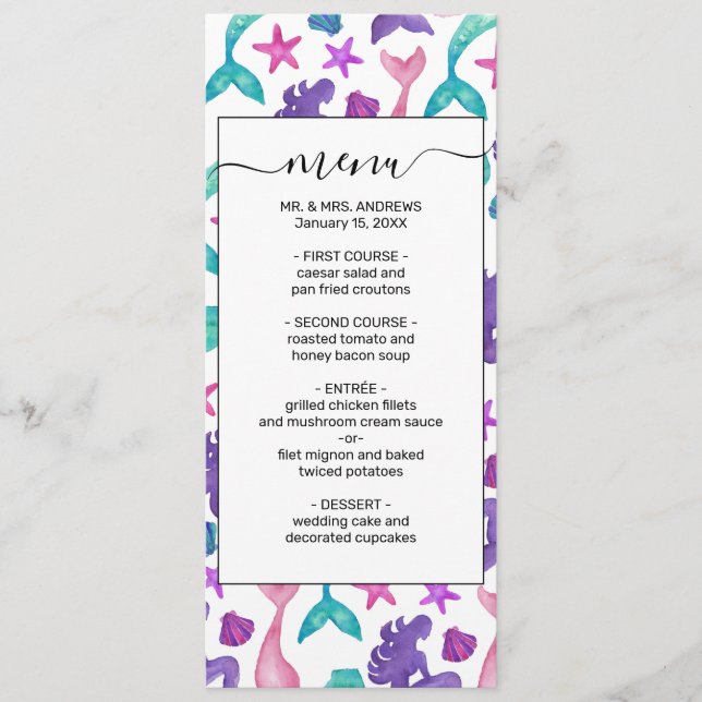 Girly Watercolor Mermaids Tales Seashells Pattern Menu (Front)