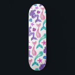 Girly Watercolor Mermaids Tales Seashells Pattern Skateboard<br><div class="desc">This girly and artsy pattern is perfect for the mermaid loving girl. It features hand-painted teal green, violet purple, blush pink, and berry pink watercolor mermaids, mermaid tails, and a variety of seashells on top of a simple white background. It's pretty, cute, fun, and playful. Stylise with this hand-painted pattern...</div>