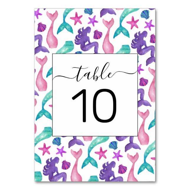 Girly Watercolor Mermaids Tales Seashells Pattern Table Number (Front)