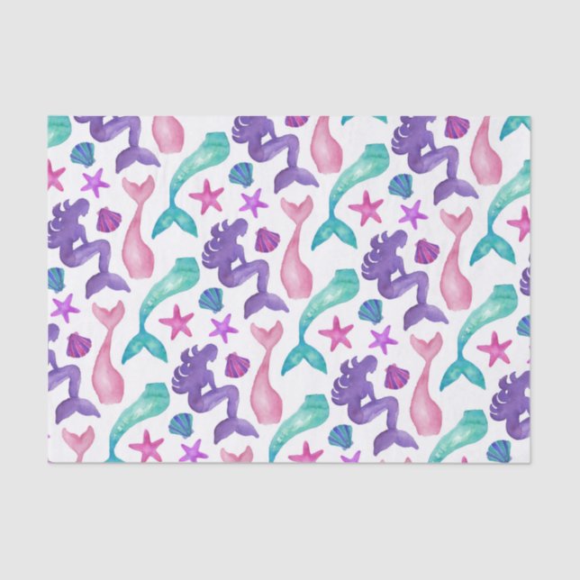 Girly Watercolor Mermaids Tales Seashells Pattern Tissue Paper (Front)