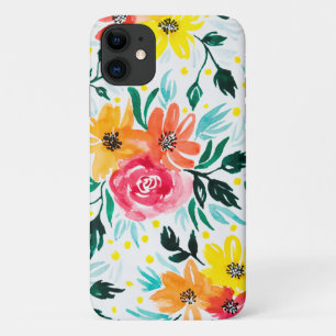 Girly Watercolor Pink Yellow Flowers Illustration iPhone 11 Case