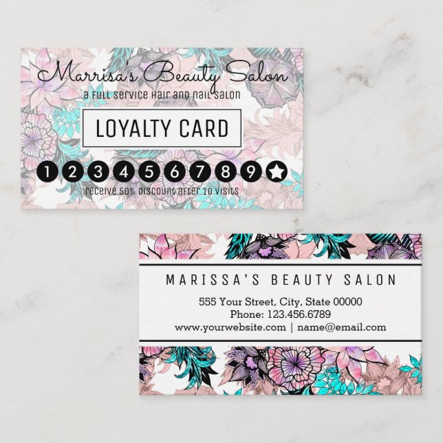 Girly Watercolor Rose Gold Floral Loyalty Punch Card (Front/Back)
