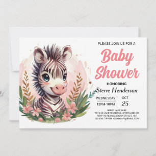 Girly Watercolor Safari Zebra Baby Shower Invitation