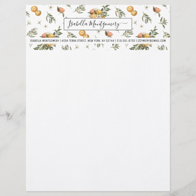 Girly Watercolor Tangerine Citrus Boho | Monogram Custom Letterhead (Front)