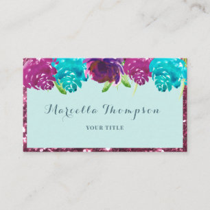 Girly Watercolor Teal Fuchsia Pink floral Glitter Business Card