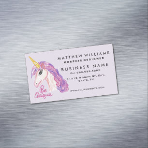 Girly Watercolor Unicorns Be Unique Typography Magnetic Business Card