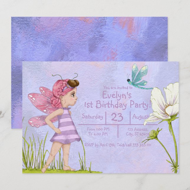 Girly Whimsical Purple Dragonfly 1st Birthday  Invitation (Front/Back)