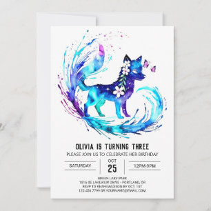 Girly Whimsical Wolf Digital Girl Birthday Invitation