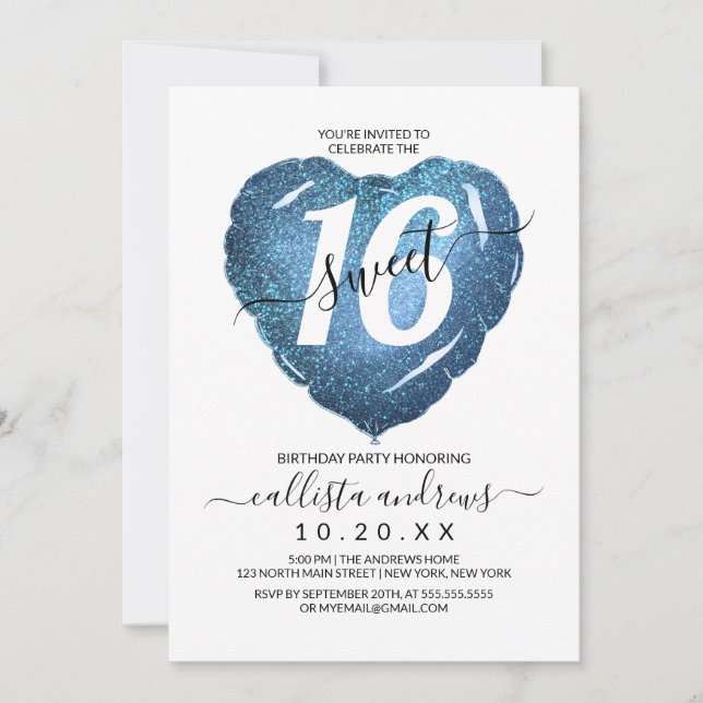 Girly White Blue Glitter Heart Balloon Sweet 16 Invitation (Front)