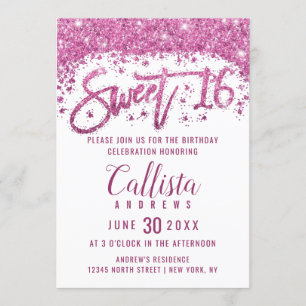 Girly White Bright Pink Glitter Dust Sweet 16 Invitation
