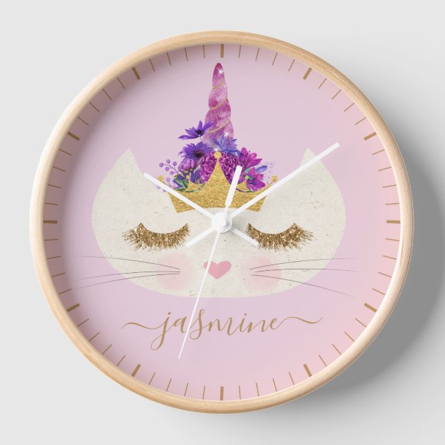 Girly White Caticorn Face on Pink Gold Script Name Clock (Front)