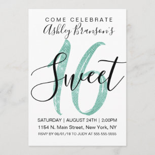 Girly White Faux Mint Teal Sequin Glitter Sweet 16 Invitation