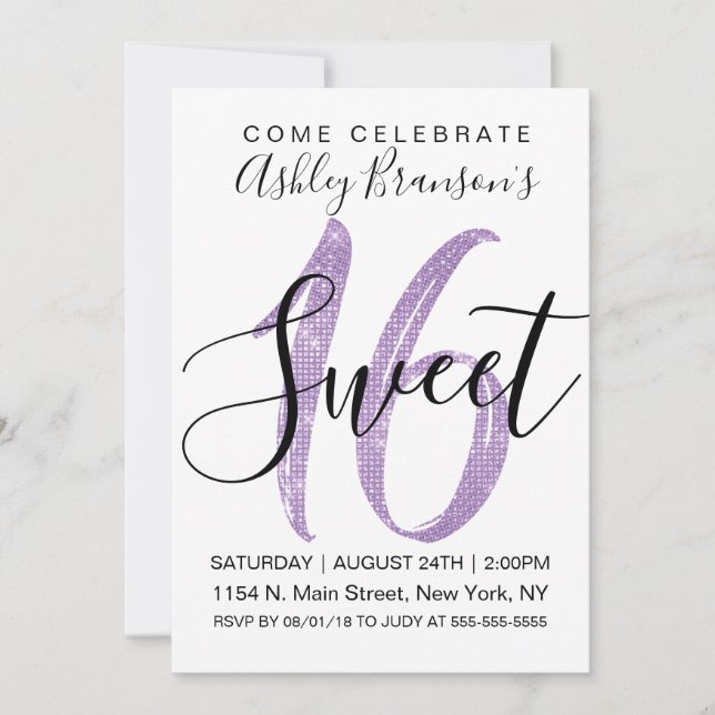 Girly White Faux Purple Sequin Glitter Sweet 16 Invitation (Front)