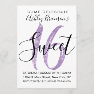 Girly White Faux Purple Sequin Glitter Sweet 16 Invitation