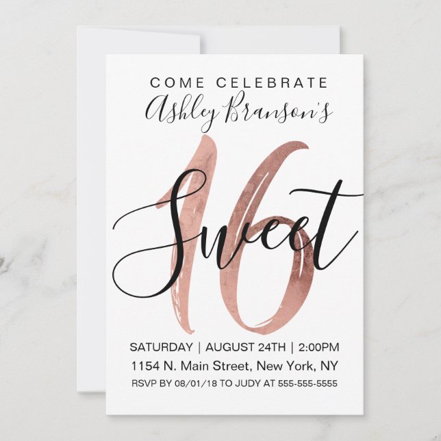 Girly White Faux Rose Gold Foil Modern Sweet 16 Invitation (Front)
