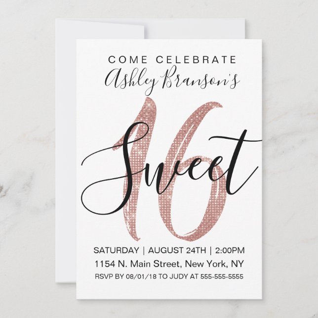 Girly White Faux Rose Gold Sequin Glitter Sweet 16 Invitation (Front)