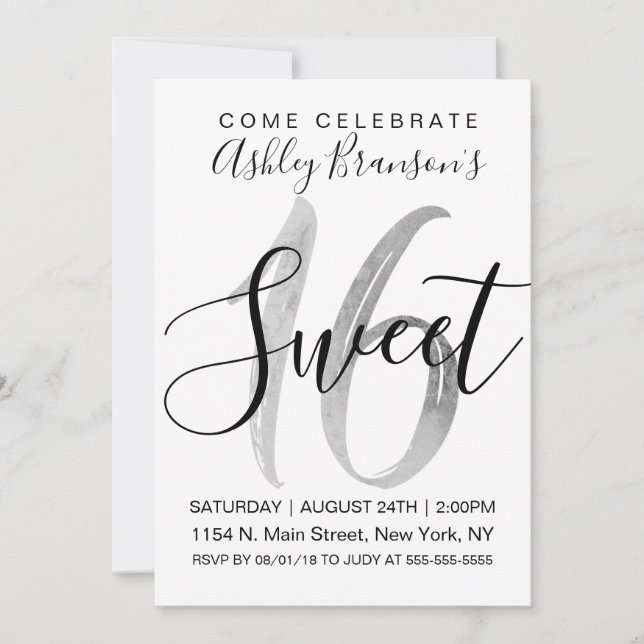 Girly White Faux Silver Foil Sweet 16 Invitation (Front)
