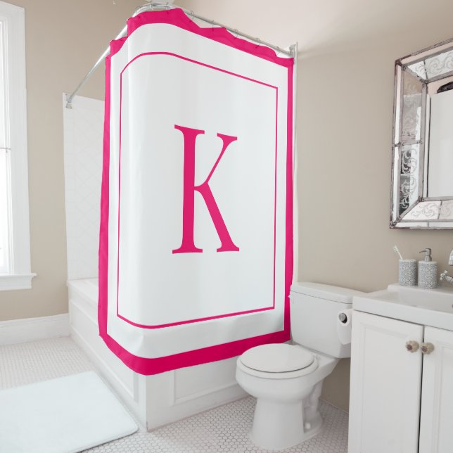 Girly White & Fuchsia Monogram initial Shower Curtain (In Situ)