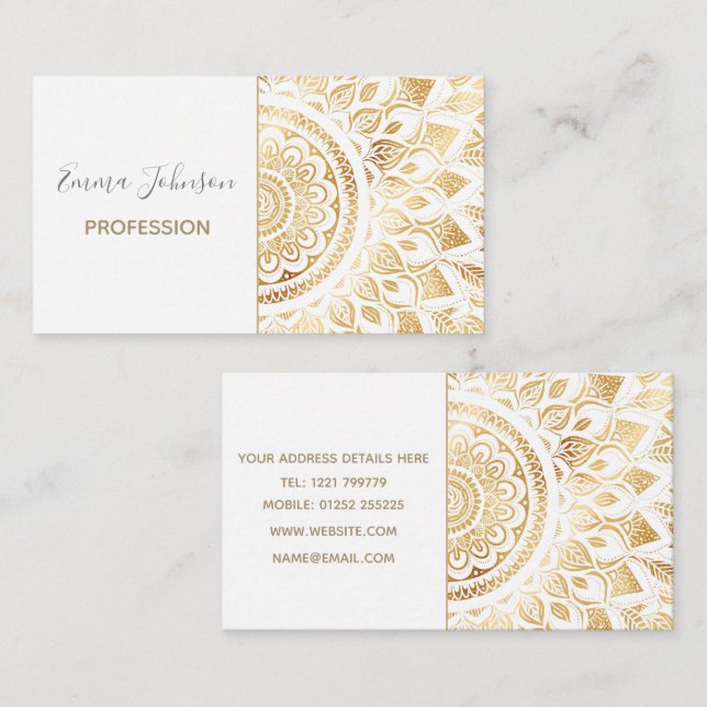 Girly White Gold Mandala Floral Business Card (Front/Back)