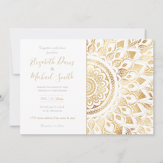 Girly White Gold Mandala Floral Invitation (Front)