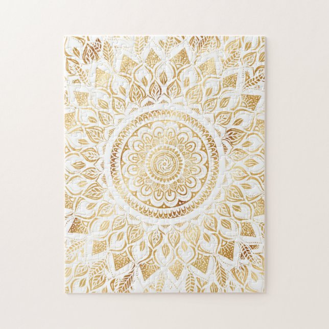 Girly White Gold Mandala Floral Jigsaw Puzzle (Vertical)