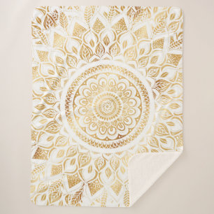 Girly White Gold Mandala Floral Sherpa Blanket