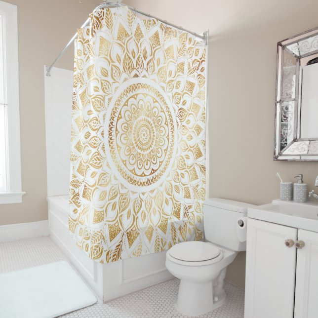 Girly White Gold Mandala Floral Shower Curtain (In Situ)