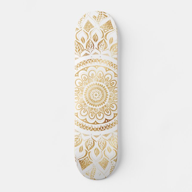 Girly White Gold Mandala Floral Skateboard (Front)