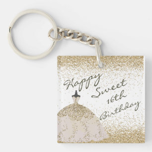 Girly White Golden Ball Gown Sweet 16th Birthday K Key Ring