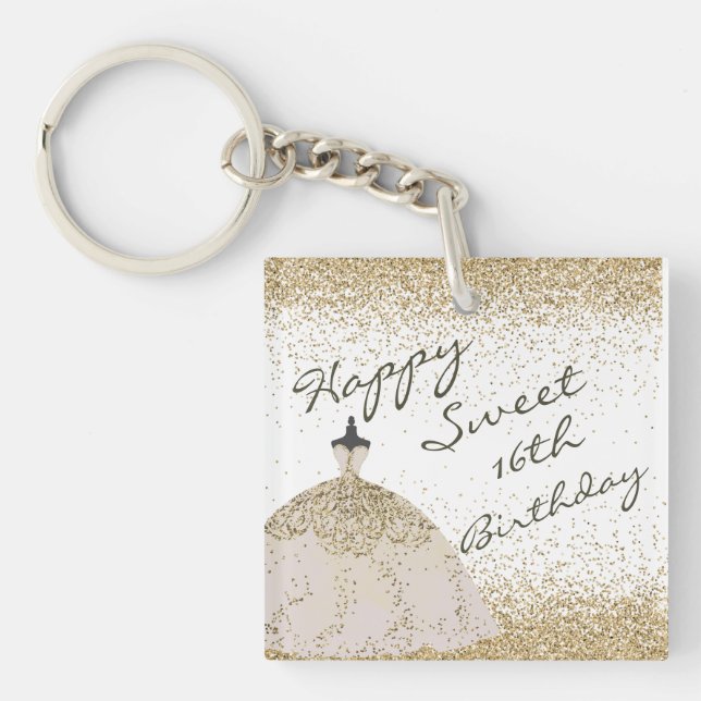 Girly White Golden Ball Gown Sweet 16th Birthday K Key Ring (Front)