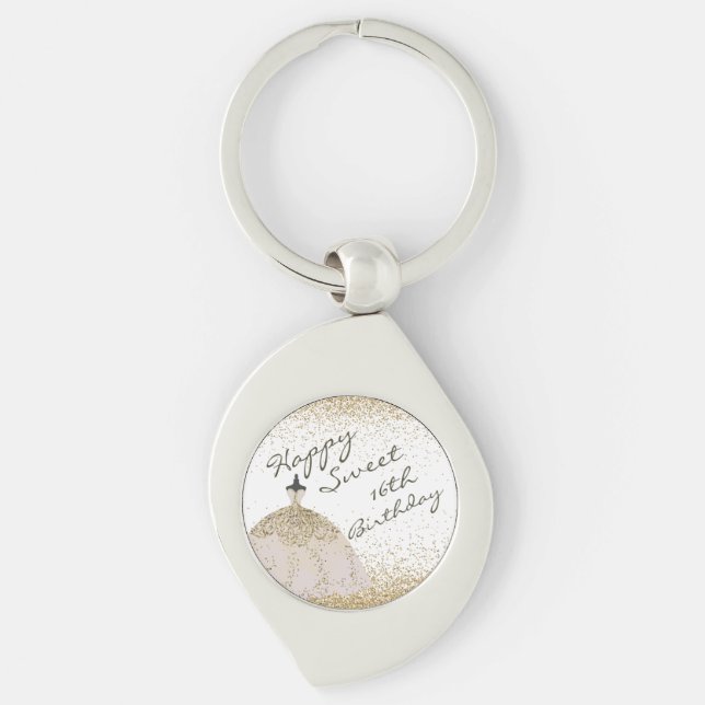 Girly White Golden Ball Gown Sweet 16th Birthday Key Ring (Front)