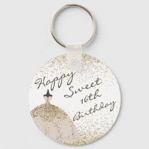 Girly White Golden Ball Gown Sweet 16th Birthday Key Ring