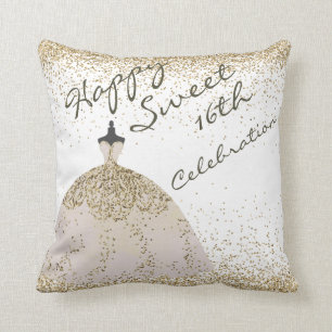 Girly White Golden Big Gown Sweet 16th Birthday Cushion