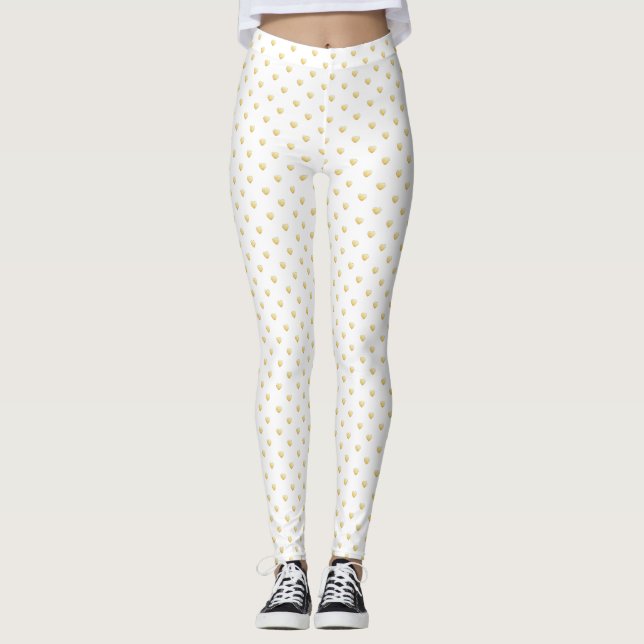 Girly White Hearts Pattern Gold Leggings (Front)