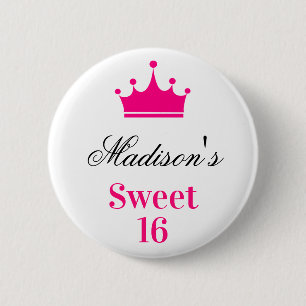 Girly White Hot Pink Sweet 16 Princess Crown Name 6 Cm Round Badge