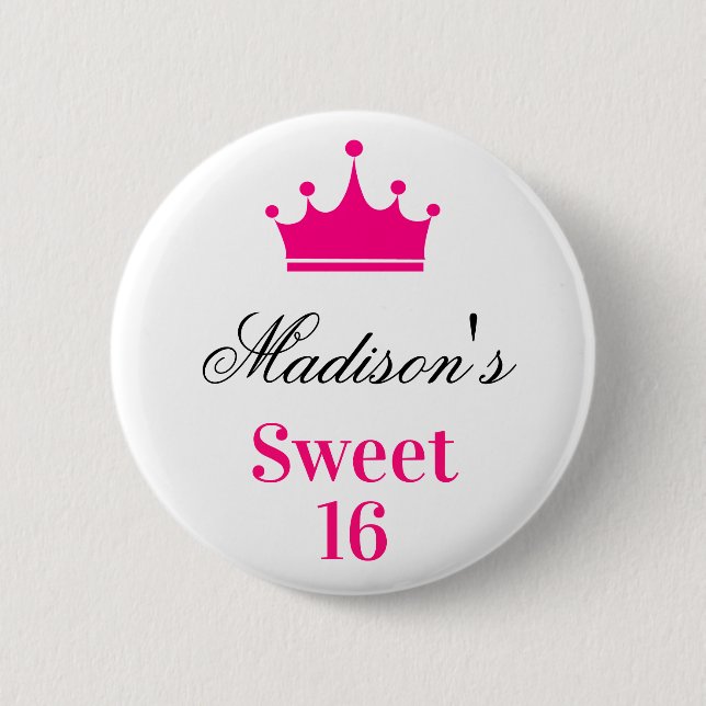 Girly White Hot Pink Sweet 16 Princess Crown Name 6 Cm Round Badge (Front)