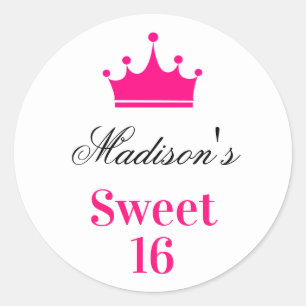 Girly White Hot Pink Sweet 16 Princess Crown Name Classic Round Sticker