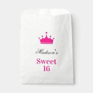 Girly White Hot Pink Sweet 16 Princess Crown Name Favour Bags