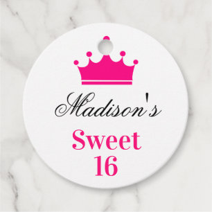 Girly White Hot Pink Sweet 16 Princess Crown Name Favour Tags